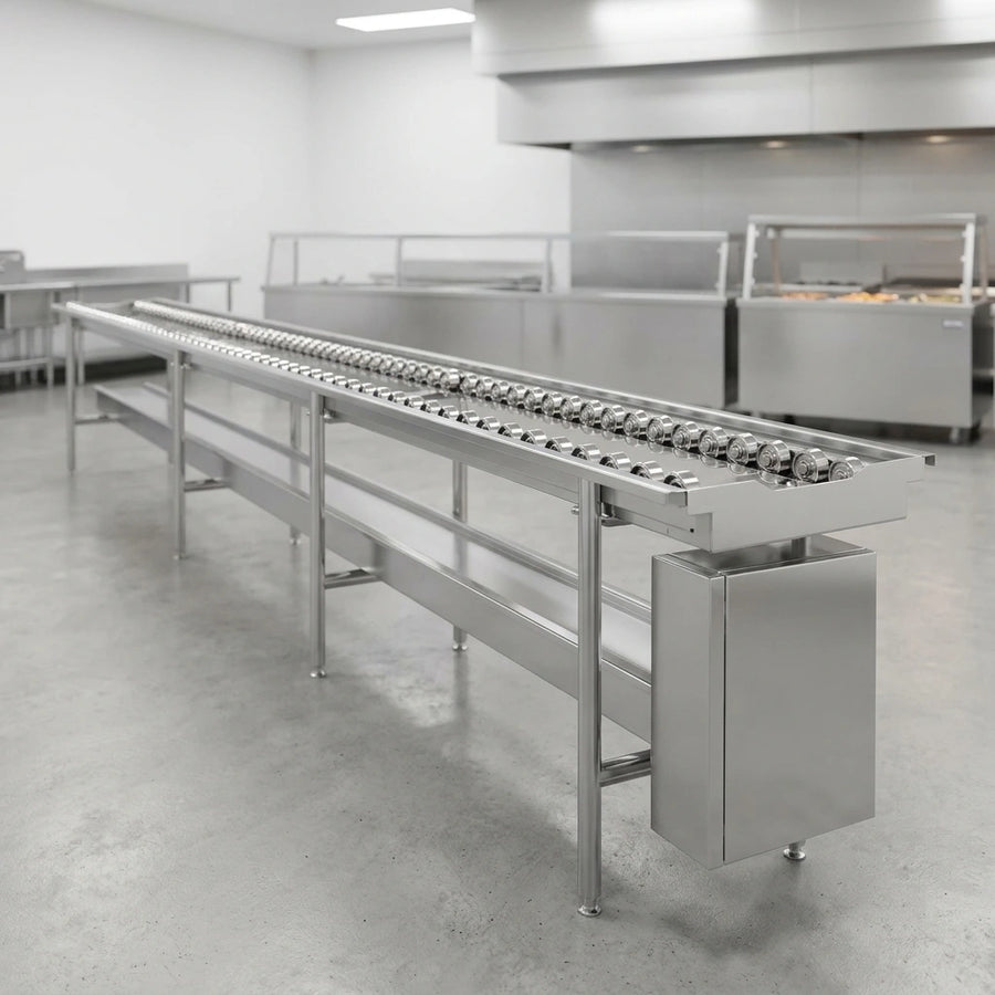 The conveyor's durable stainless steel construction ensures superior hygiene and easy cleaning in any busy commercial food service setting.