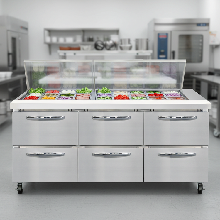 Product image #4 for Continental Refrigerator Mighty Top SW72N27M-D 72 Inch Three-Section Refrigerated Sandwich Unit with Drawers