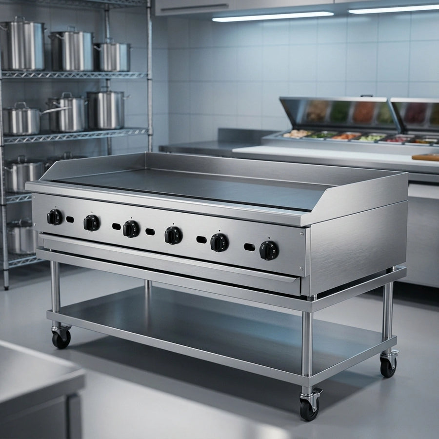 Showcasing the 72-inch gas griddle's durable stainless steel exterior, which offers both a professional aesthetic and effortless cleaning for any commercial kitchen.