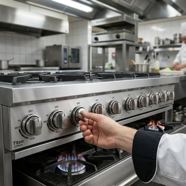 Product image #4 for Titan JTRH-8 72 Inch Heavy Duty Gas Range with (8) Open Burners and Cabinet Base