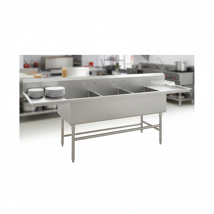 Product image #4 for Spec-Master FFN2760-3-24-14/3 Three-Compartment Flush Front Stainless Steel Sink with Left & Right Drainboards