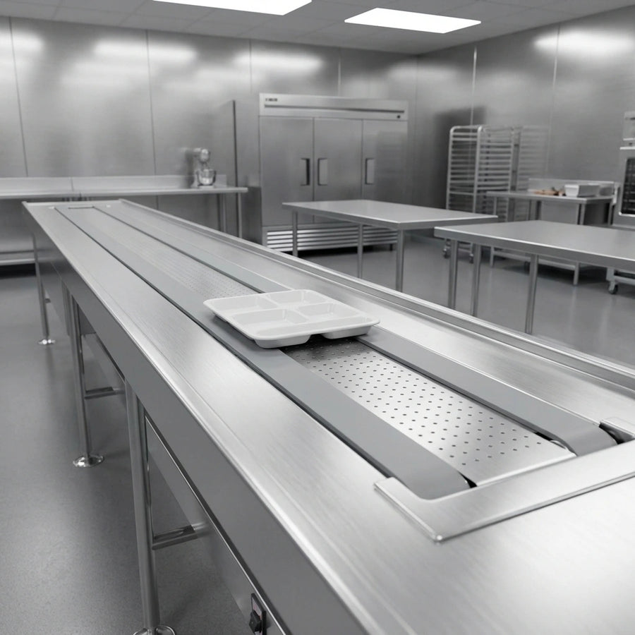 Observe how the integrated Air Glide slider pan ensures trays move effortlessly along this dual urethane band belt conveyor, enhancing operational fluidity.