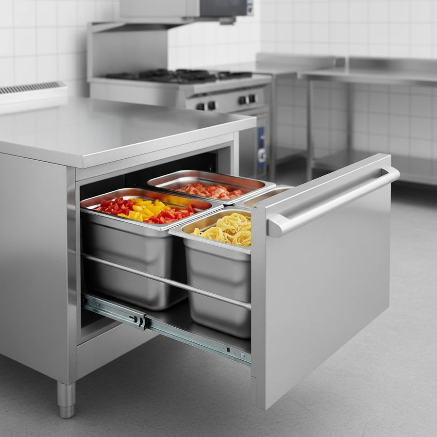Showcase your organizational prowess with this freezer base, designed with drawers that effortlessly accommodate three 12" x 20" x 6" deep pans for superior capacity.