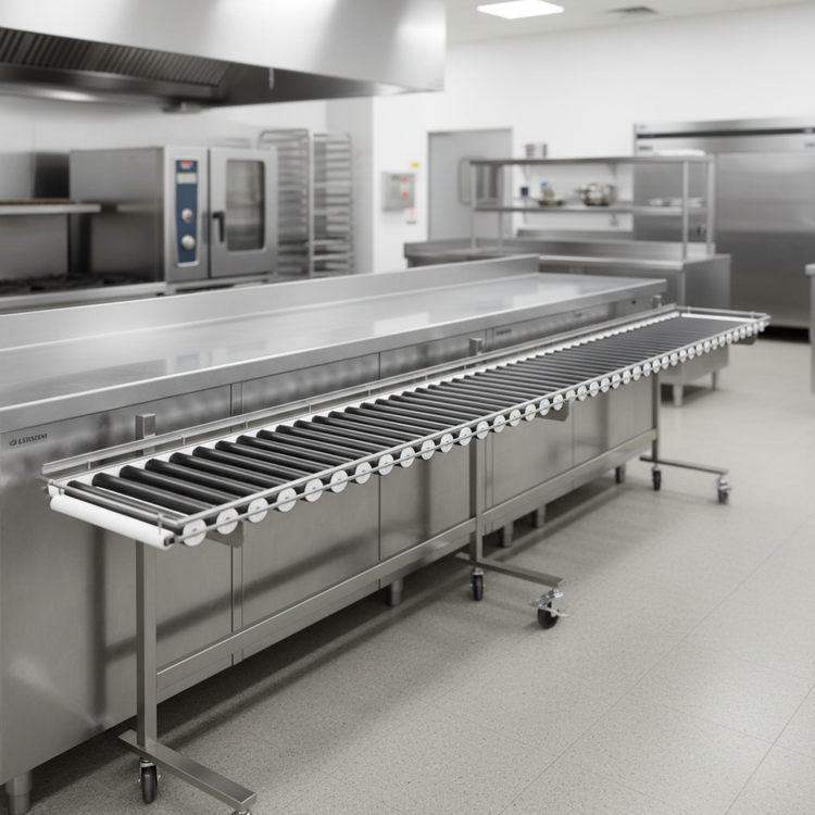 Product image #4 for Dinex DXIESRC8 Cantilever-Style 8 ft. Tray Make-Up Conveyor with PVC Rollers