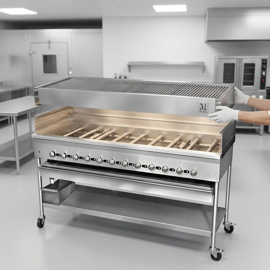 This image highlights the Titan JCB-48 broiler's removable stainless steel superstructure, designed for easy cleaning and versatile 4-level broiling.