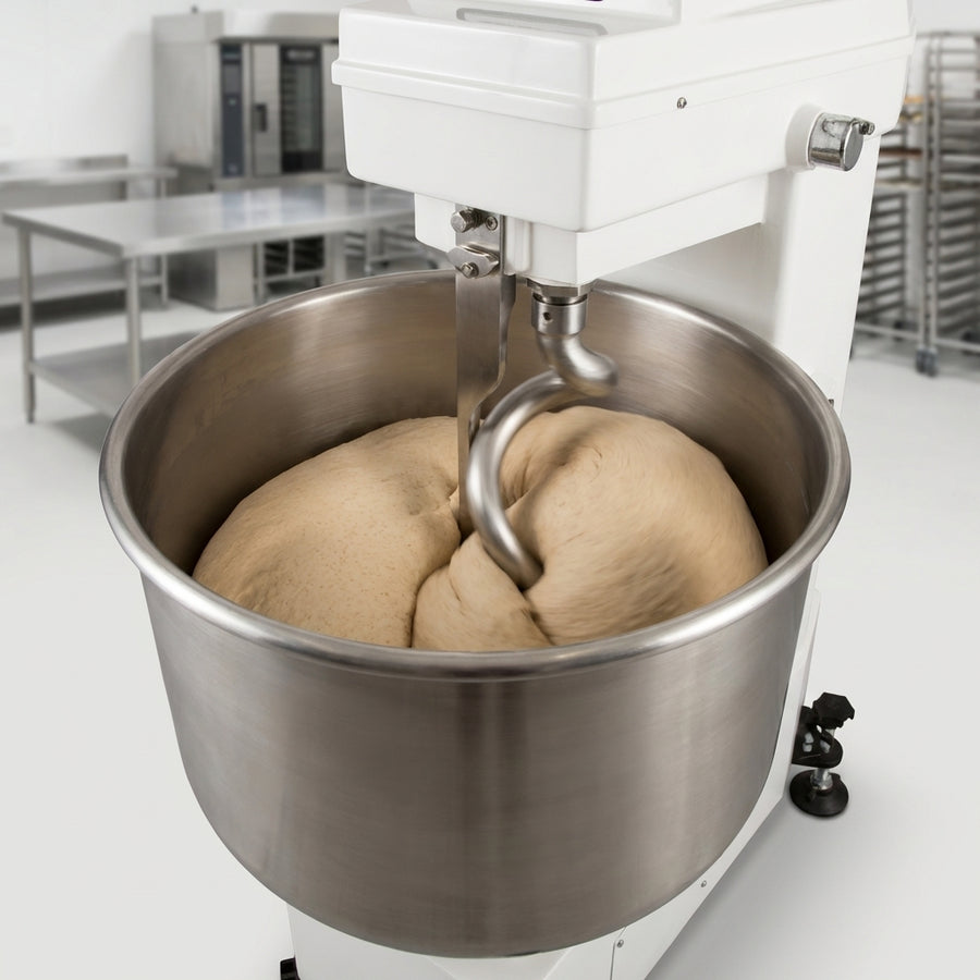 Witness the powerful and consistent single-speed mixing action of this heavy-duty spiral dough mixer, ensuring perfectly uniform dough every time.