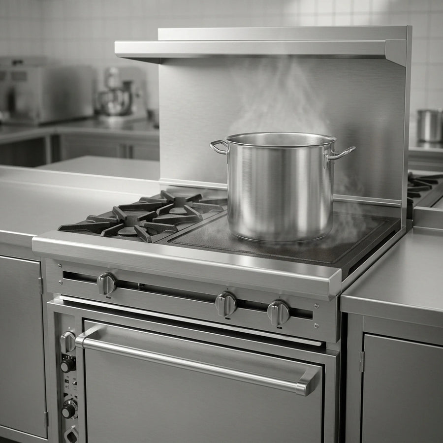 The gas range's cast iron even heat hot top ensures consistent, controlled heating across its entire surface for perfect culinary results.