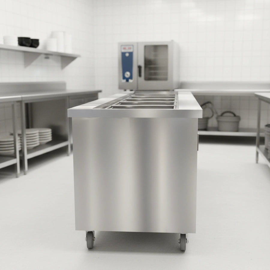 This image showcases the cold food unit's robust 16 gauge, 300 Series stainless steel construction, built for superior durability and effortless cleaning.