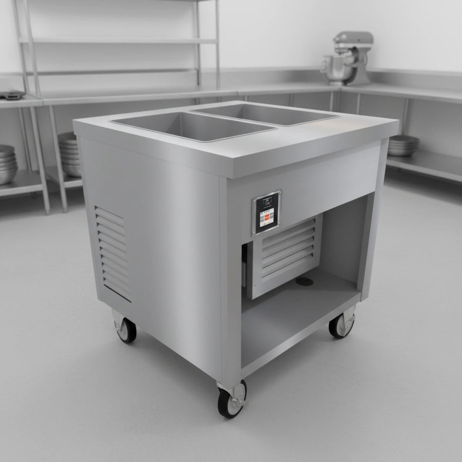 This image highlights the Thurmaduke cold pan unit's robust, heavy-duty stainless steel construction, ensuring exceptional durability and hygiene.