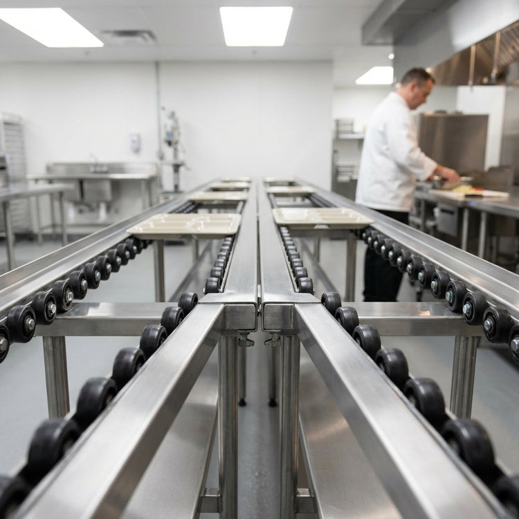 Product image #4 for Dinex 14-Foot Stainless Steel Skate Wheel Tray Make-Up Conveyor