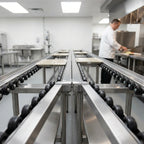 Thumbnail image #4 for Dinex DXIESSW14 14-Foot Stainless Steel Non-Powered Nylon Skate Wheel Tray Make-Up Conveyor