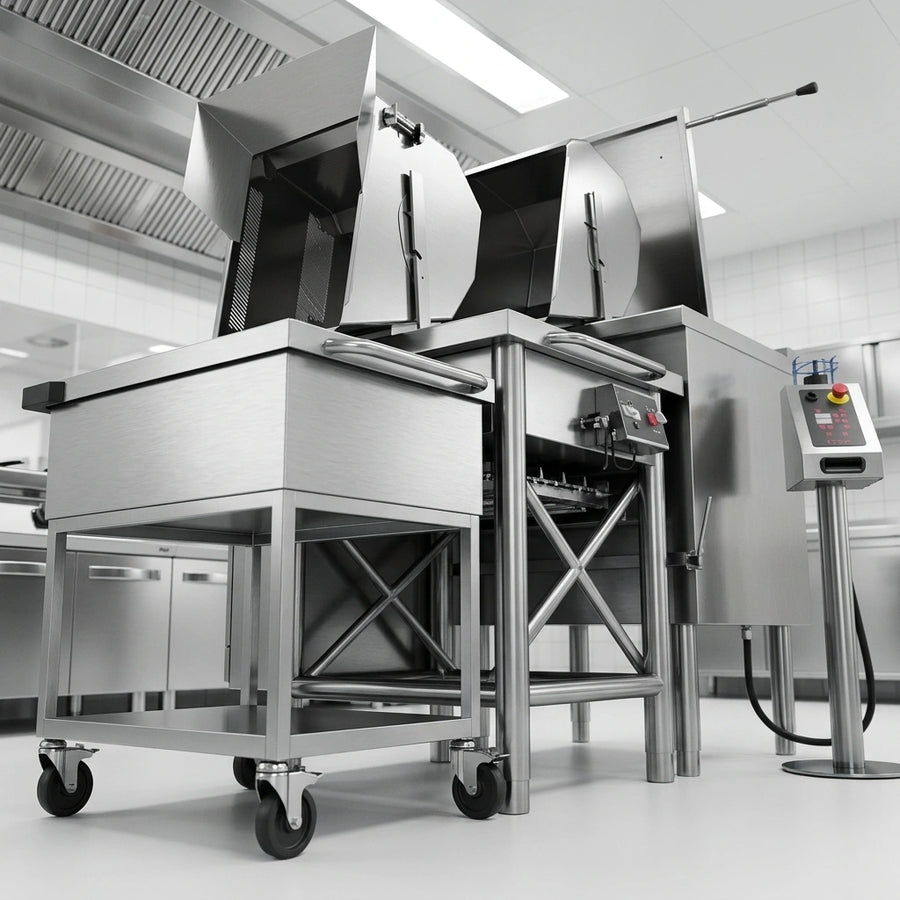 This image showcases the multicooker's exceptionally sturdy supporting structure, crafted from robust AISI 304 stainless steel for unparalleled stability in any commercial kitchen.