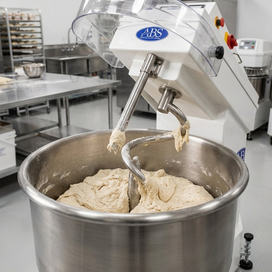 The J-style stainless steel hook reaches deep into the bowl for efficient, thorough dough development.