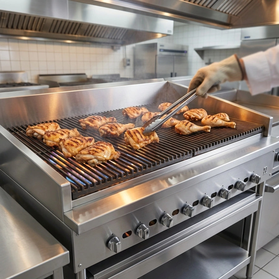 Achieve perfectly consistent grilling results across all seven burners with the advanced flame control top grates on this high-production chicken broiler.