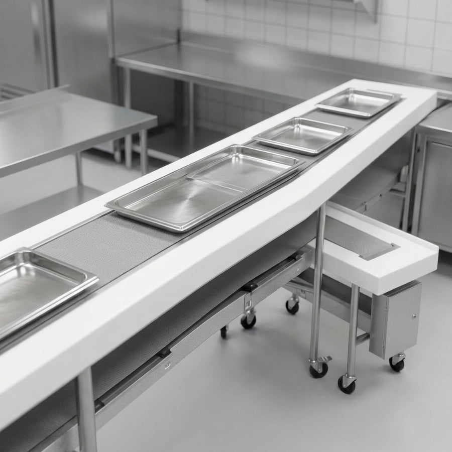 Experience a smooth and consistent tray make-up process with the conveyor's innovative 'Air Glide' slider pan for effortless movement.