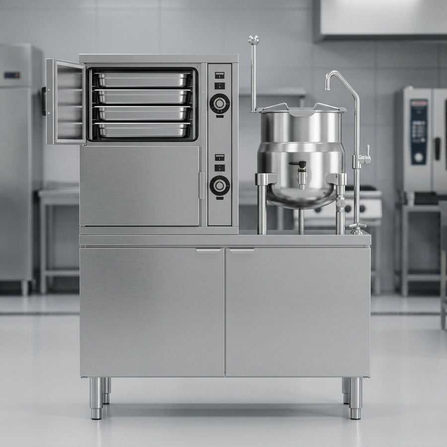 This steamer boasts an impressive high pan capacity, accommodating three full-size steam pans per compartment for efficient high-volume cooking.