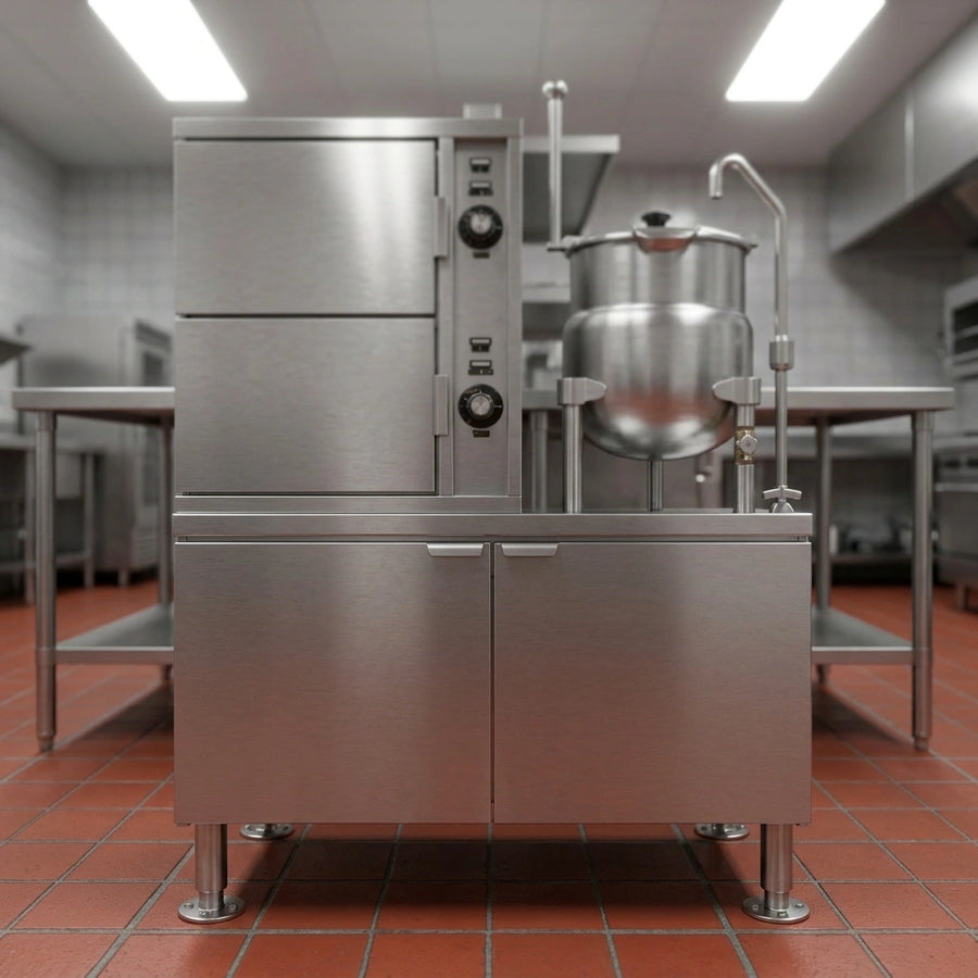 Experience superior stability with the steamer's robust 48-inch cabinet base and adjustable flanged legs, designed for secure floor model installation.