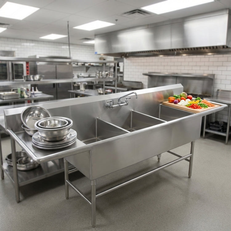 Product image #4 for Eagle Spec-Master FFN2772-3-30-14/3 Flush Front 3-Compartment Stainless Steel Commercial Sink with 30-Inch Drainboards