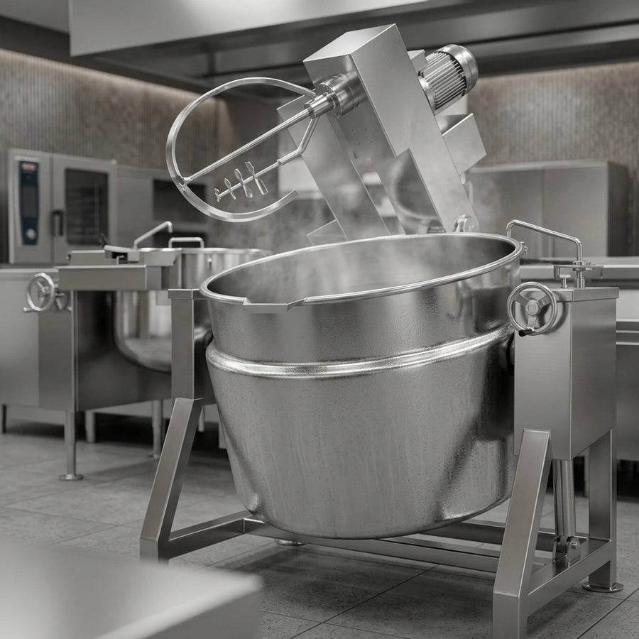 This image showcases the 2/3 jacket design of the tilting mixer kettle, ensuring comprehensive and uniform heating to prevent scorching.