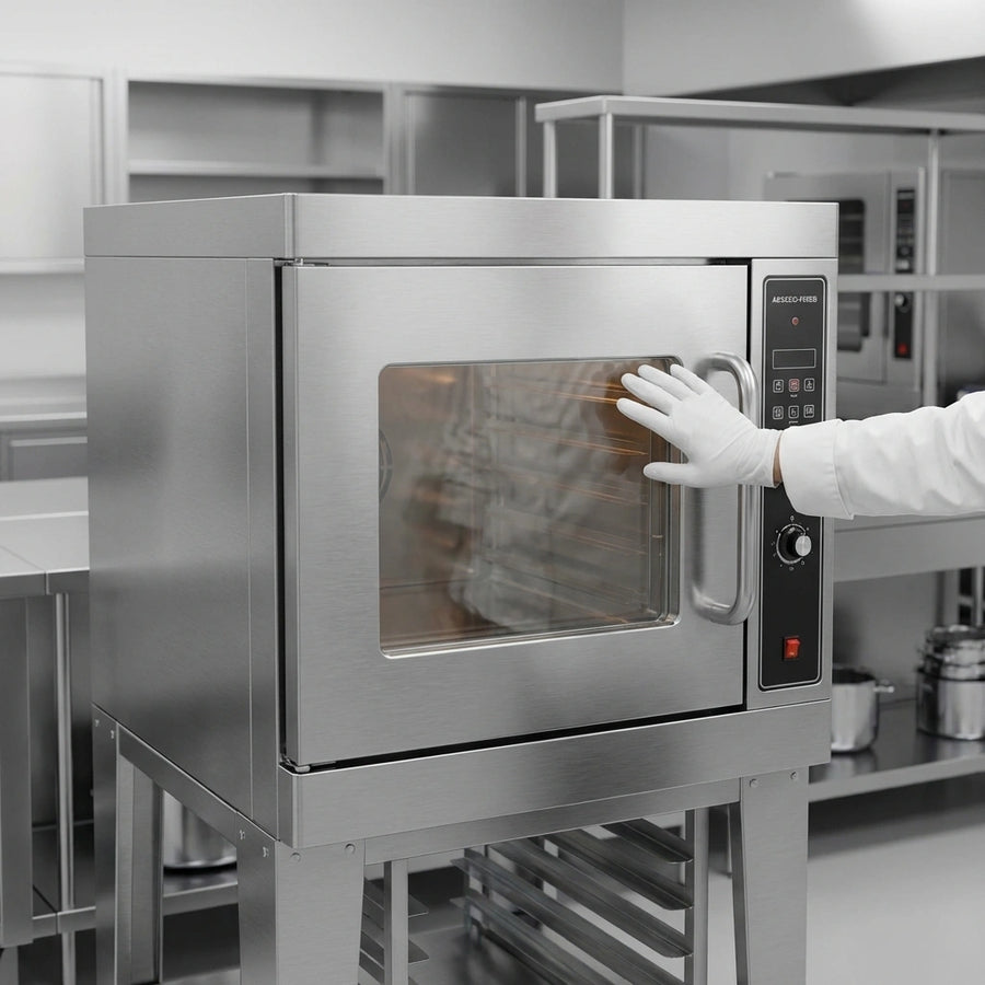 This image highlights the electric convection oven's cool-to-the-touch door, designed for enhanced safety in a busy kitchen environment.