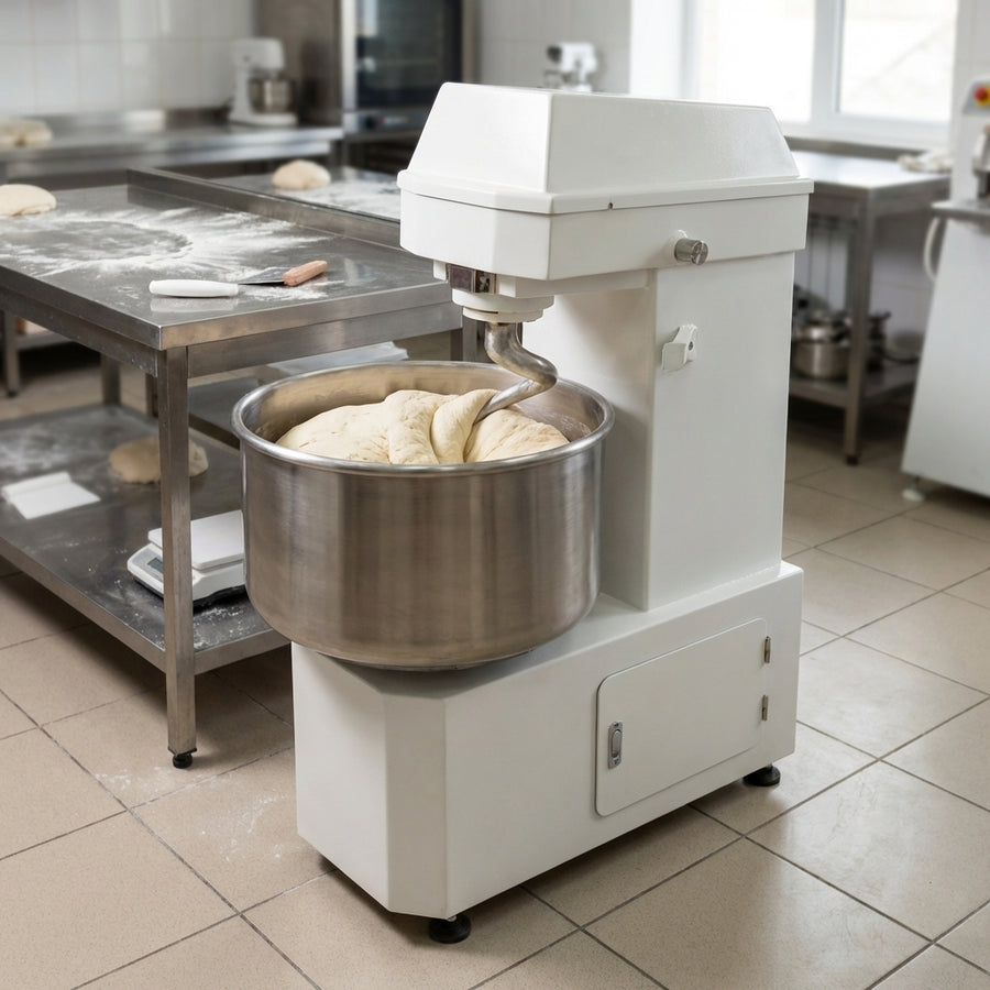 A heavy-duty spiral dough mixer shown delivering smooth, quiet, high-torque mixing in a professional bakery kitchen.