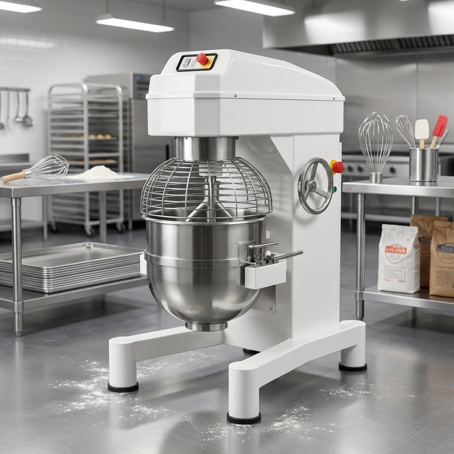 Closed bowl cage engages the safety interlock for safer operation in busy kitchens.