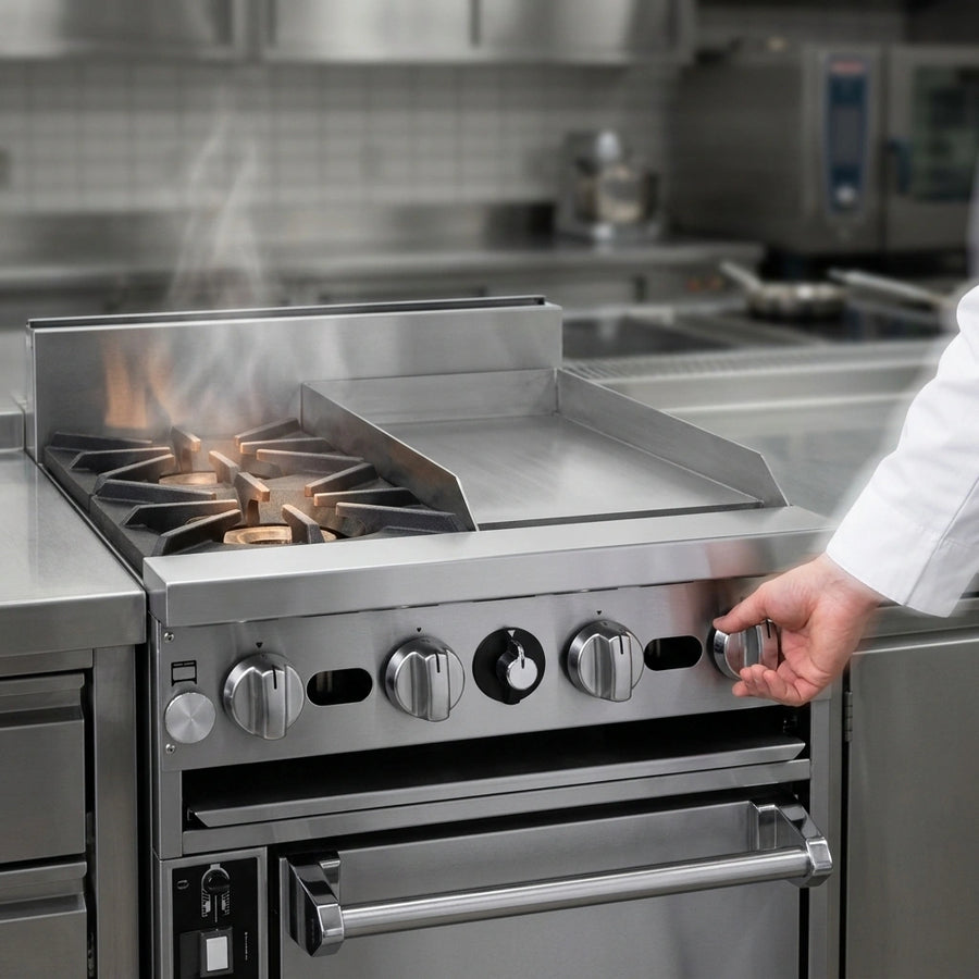Gain precise culinary control with the Jade Range Bistro's clearly visible manual knobs for its burners and griddle.