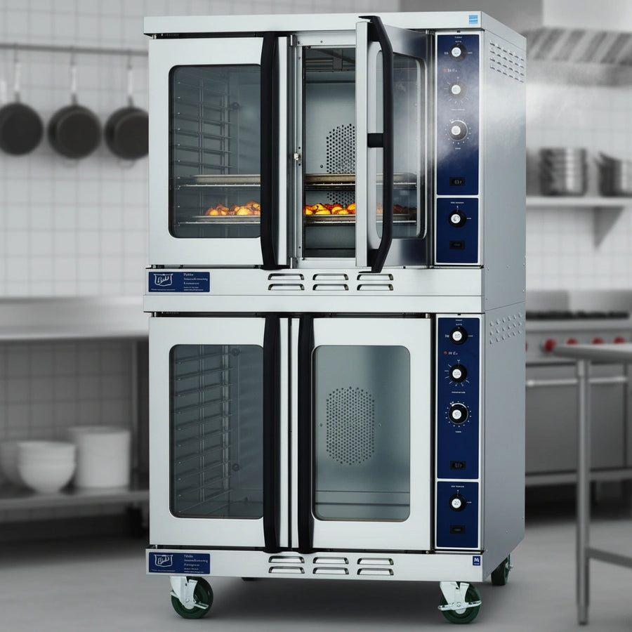 This image showcases the Duke convection oven's independent 50/50 doors, allowing chefs to access one side while minimizing heat loss from the rest of the oven.