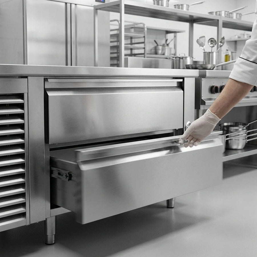 Witness the seamless functionality of the self-closing drawers, designed to maintain optimal temperatures and enhance kitchen efficiency.