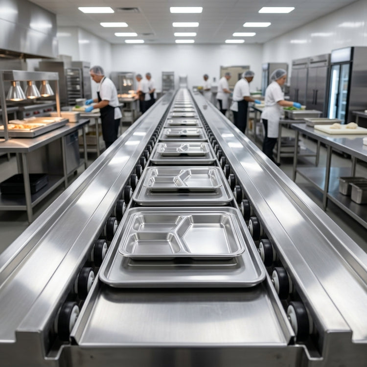 Product image #4 for Dinex DXIESSW18 18-Foot Stainless Steel Tray Make-Up Conveyor with 2-Inch Nylon Skate Wheels