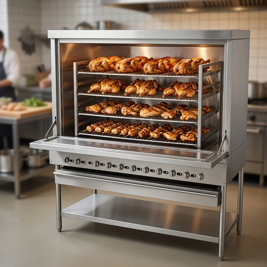 This image highlights the broiler's innovative multi-level broiling system, offering four distinct racks for versatile cooking and increased capacity.