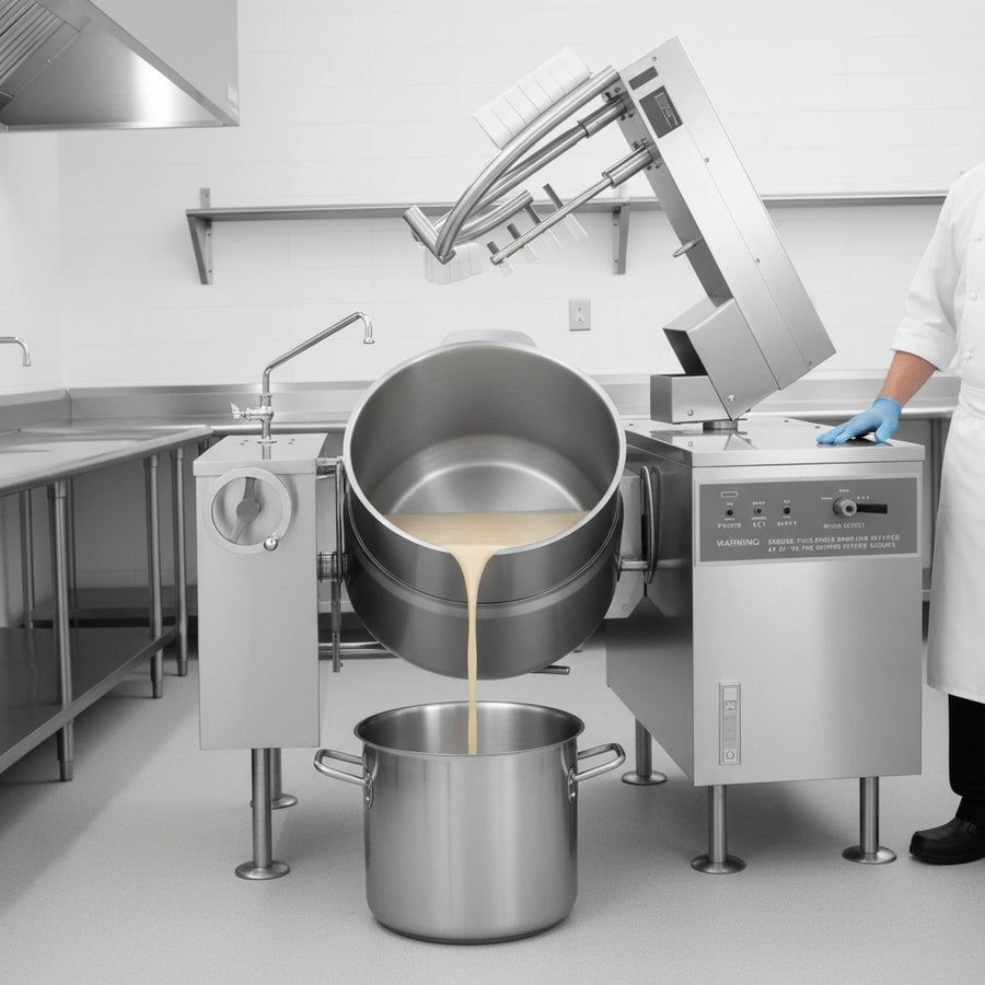Experience precise and safe dispensing with the self-locking tilt mechanism of this 60-gallon electric mixer kettle.