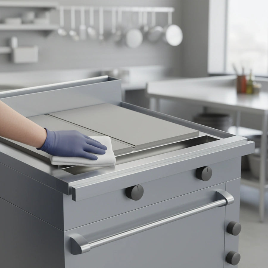 The integrated 14 gauge stainless steel grease trough ensures effortless cleaning and efficient grease management on your plancha.