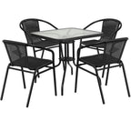 Thumbnail image #1 for Flash Furniture TLH-073SQ-037BK4-GG Square 28-Inch Glass-Top Table Set with 4 Stacking Black Rattan Cafe Armchairs
