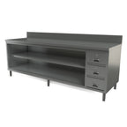 Thumbnail image #1 for Tarrison Products Ltd. Servery TC-CO3096BD-KIT Stainless Steel Servery Work Table with Open Cabinet, 3 Drawers, 96"W x 30"D, 6"H Backsplash