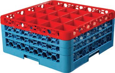 Product image #2 for OptiClean Full-Size 25-Compartment Glass Rack with 3 Color-Coded Extenders, Red/Blue