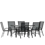 Thumbnail image #1 for Flash Furniture TLH-089REC-303CBK6-GG 7-Piece Outdoor Patio Dining Set with 55-Inch Tempered Glass Table and 6 Black Flex Chairs