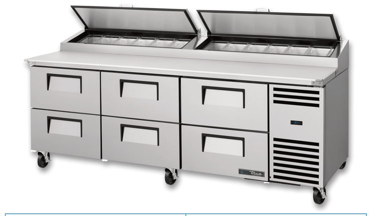 Product image #6 for True 93.5-Inch 3-Section Pizza Prep Table with 6 Drawers and Self-Contained Refrigeration