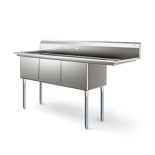 Product image #6 for KoolMore 75-Inch 3-Compartment Commercial Sink with Right-Hand Drainboard and Backsplash