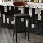Thumbnail image #2 for Flash Furniture Wright XU-DG6V6BV-WAL-GG Armless Bar Stool with Black Vinyl Seat, Wooden Boomerang Back, Black Steel Frame, Walnut Finish
