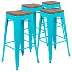 Thumbnail image #1 for Flash Furniture 4-ET-31320W-30-TL-R-GG Backless Armless Teal Bar Stool with Metal Frame and Wood Seat, 30 in. H, Stackable