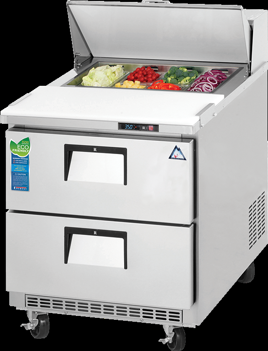 Product image #5 for Everest Refrigeration 27-3/4 Inch 1-Section Stainless Steel Drawered Sandwich Prep Table with Rear-Mounted Self-Contained Refrigeration, 2 Drawers, and 8 1/6-Size Pan Top Opening