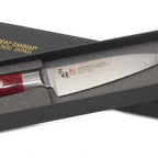 Thumbnail image #2 for JB Prince Mcusta Z246 3 3-1/2-Inch Forged Damascus Utility Knife, VG-10 Steel, Red Pakka Wood Handle