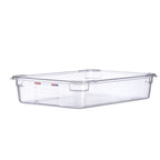 Thumbnail image #1 for CFS Brands Araven 09827 GN 1/1 Polycarbonate Food Pan, 4" Deep, Clear, with Integrated Label Case of 6