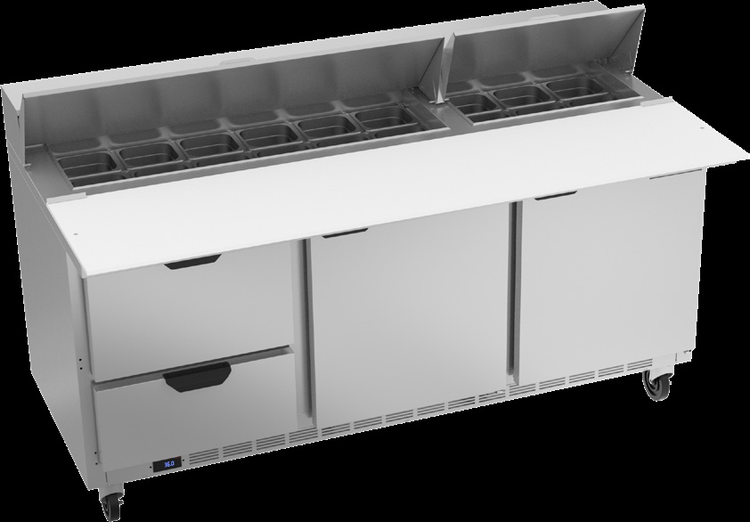 Product image #6 for Beverage-Air 72-Inch Three-Section Sandwich Prep Table with 18-Pan Top, Doors, Drawers, and 17-Inch Cutting Board