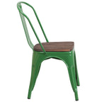 Thumbnail image #2 for Flash Furniture CH-31230-GN-WD-GG Stackable Bistro Side Chair, Green Galvanized Steel Slat Back, Textured Wood Seat