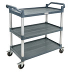 Thumbnail image #1 for GSW USA C-23WL 3-Tier Gray Plastic Bus Cart with Aluminum Uprights, 200 lb Capacity, 5-Inch Swivel Casters