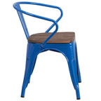 Thumbnail image #2 for Flash Furniture CH-31270-BL-WD-GG Stackable Bistro Armchair with Blue Metal Slat Back and Textured Wood Seat
