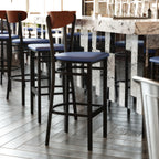 Thumbnail image #2 for Flash Furniture Wright XU-DG6V6BLV-WAL-GG Bar Stool, Blue Vinyl Seat, Walnut Boomerang Back, Black Steel Frame