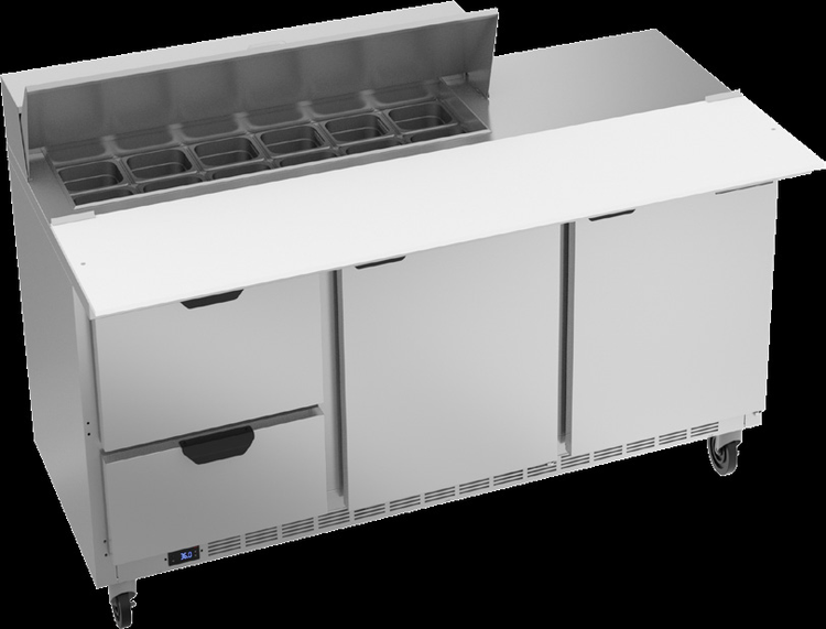 Product image #6 for Beverage-Air 72-Inch Three-Section Sandwich Prep Table with 12-Pan Top, 2 Doors, 2 Drawers, and Rear-Mounted Refrigeration